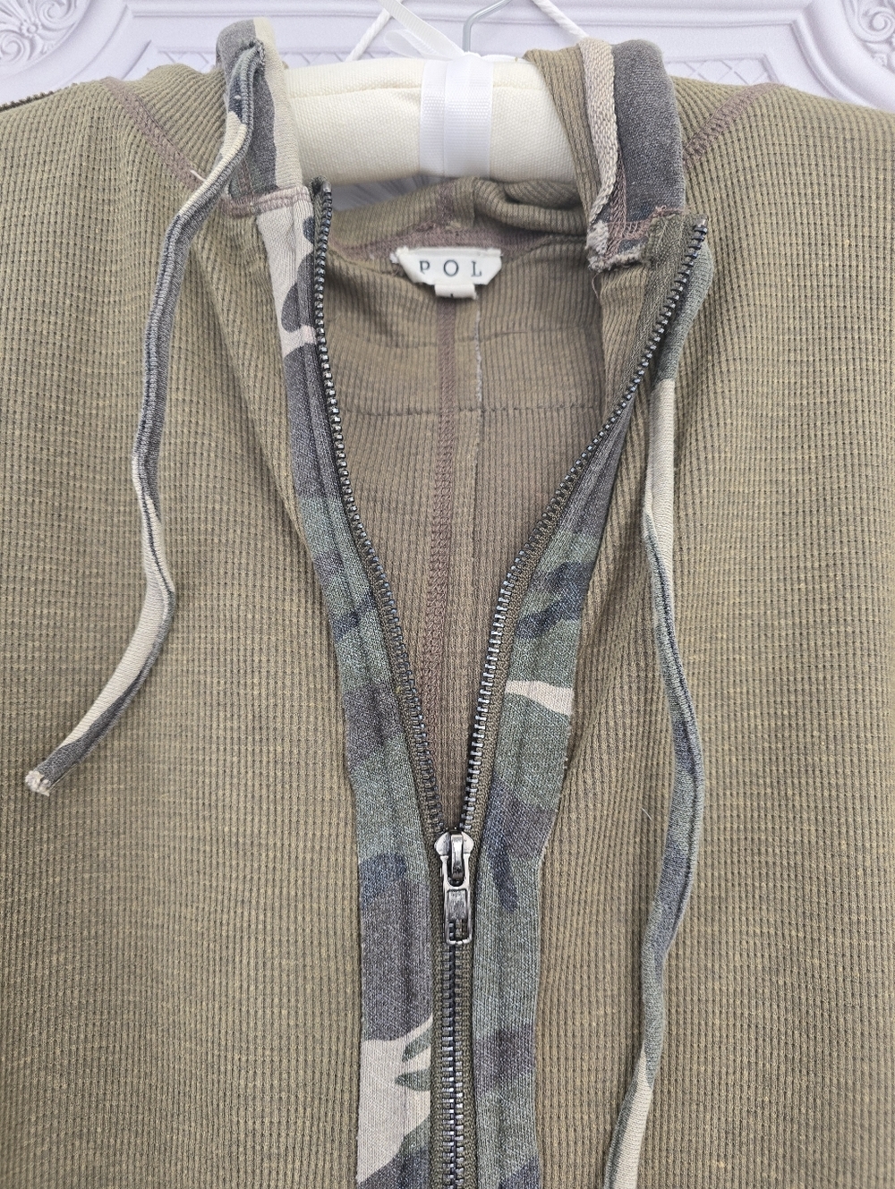 POL Mixed Media Patchwork Camo Waffle Knit Zip-Up Hoodie - Picture 8 of 16